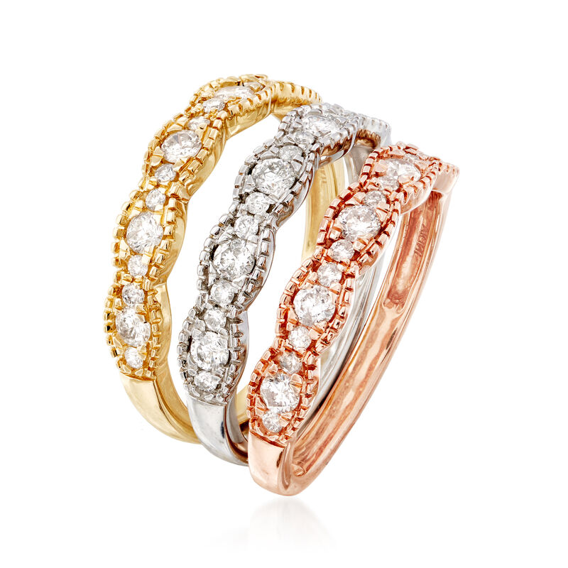 Set of Three 1.00 ct. t.w. Diamond Rings in Tri-Colored Gold image number 2
