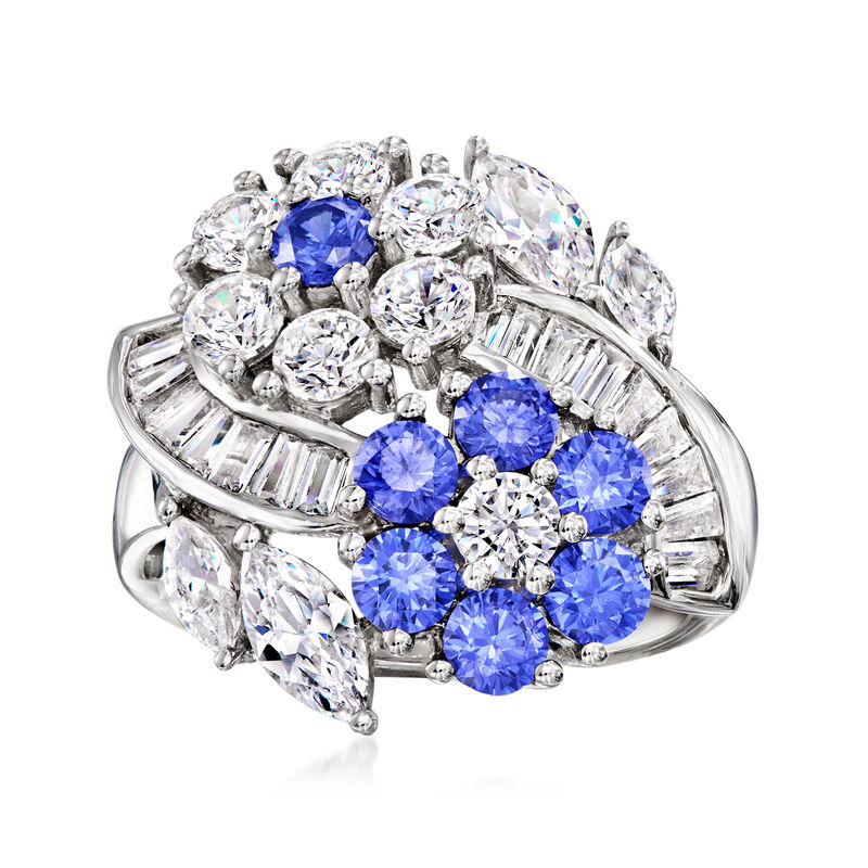 2.70 ct. t.w. CZ and 1.10 ct. t.w. Simulated Tanzanite Floral Ring in Sterling Silver image number 0