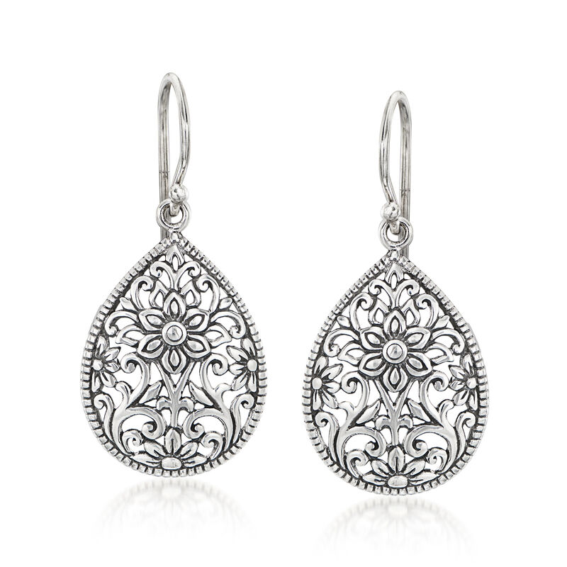 Sterling Silver Bali-Style Floral Filigree Teardrop Earrings  image number 0