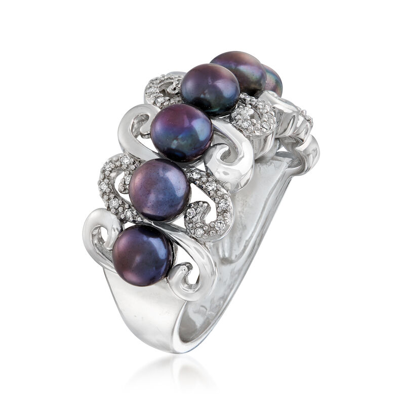 4.5-5mm Black Cultured Pearl and .10 ct. t.w. Diamond Ring in Sterling Silver image number 2