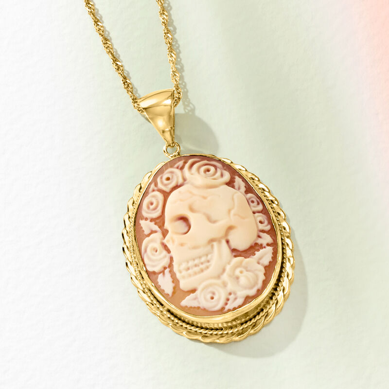 Italian Orange Shell Floral Skull Cameo Pendant Necklace in 18kt Gold Over Sterling  image number 2