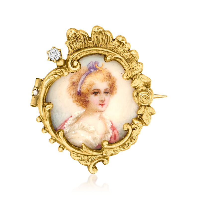 C. 1900 Vintage Painted Portrait Pin with Enamel, Single Diamond and Seed Pearl in 18kt Yellow Gold  image number 0