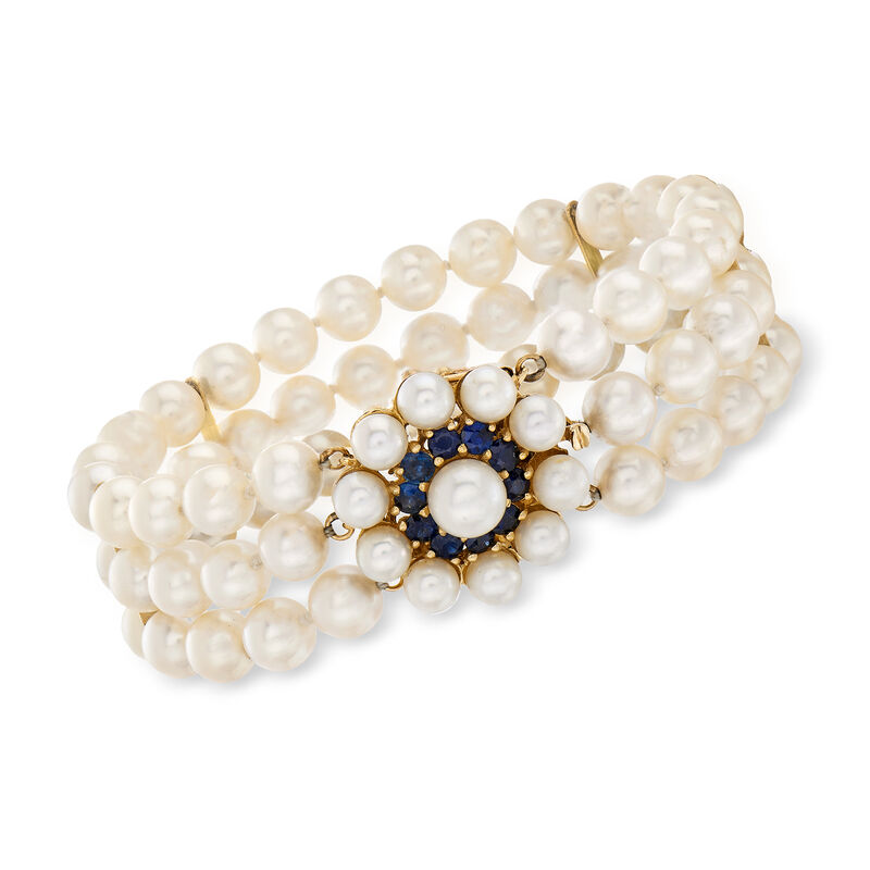 C. 1980 Vintage 5-7mm Cultured Pearl and 1.00 ct. t.w. Sapphire Flower Bracelet with 14kt Yellow Gold. 7&quot; image number 0