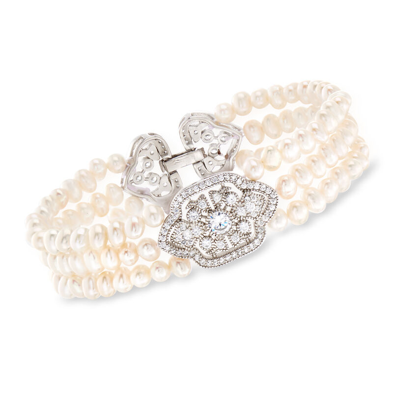 4mm Cultured Pearl and .90 ct. t.w. CZ Three-Row Bracelet in Sterling Silver. 7.5&quot; image number 0