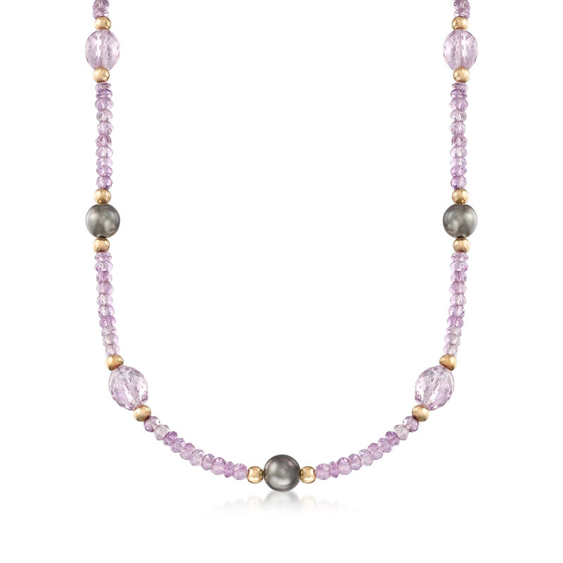 8-9mm Cultured Tahitian Pearl and 36.50 ct. t.w. Amethyst Bead Necklace with 14kt Yellow Gold image number 0