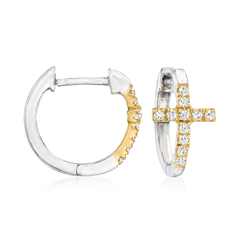 .15 ct. t.w. Diamond Cross Huggie Hoop Earrings in Sterling Silver and 14kt Yellow Gold. 3/8&quot; image number 0