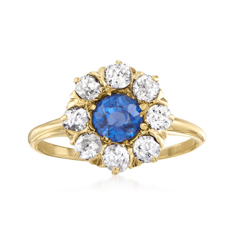 C. 1920 Vintage .55 Carat Sapphire and .65 ct. t.w. Diamond Flower Ring in 10kt Yellow Gold image number 0