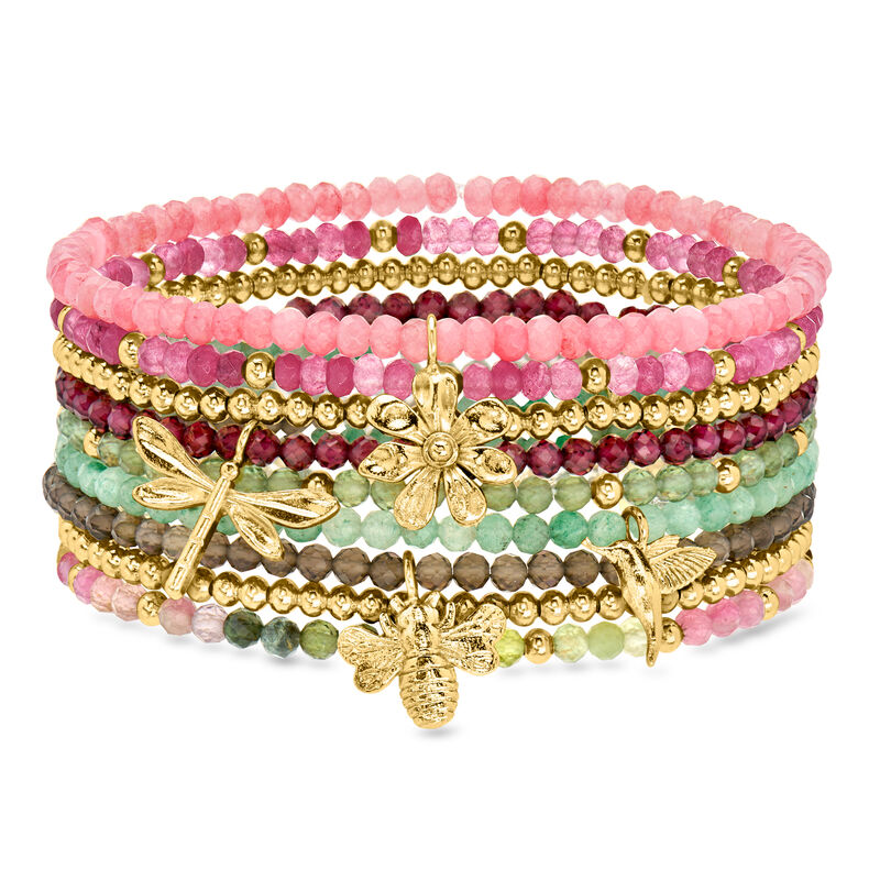 Multi-Gemstone and 14kt Yellow Gold-Plated Jewelry Set: Nine Bead Stretch Bracelets with Nature Charms image number 0