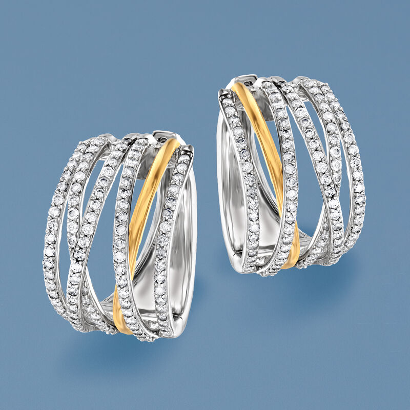 1.00 ct. t.w. Diamond Highway Hoop Earrings in Sterling Silver and 14kt Yellow Gold. 3/4&quot; image number 3