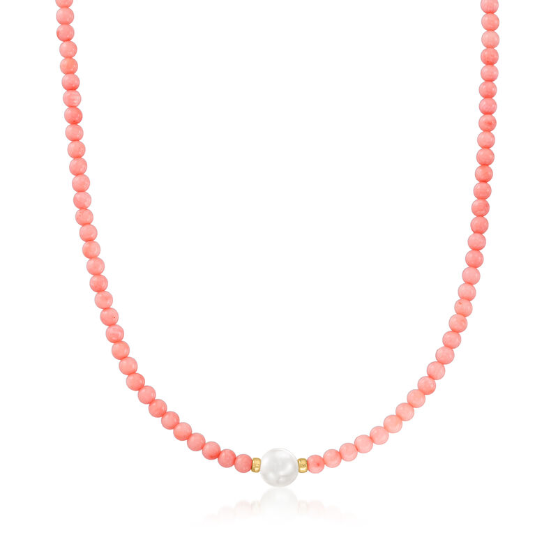 8.5-9mm Cultured Pearl and 4mm Pink Coral Bead Necklace with 18kt Gold Over Sterling image number 0