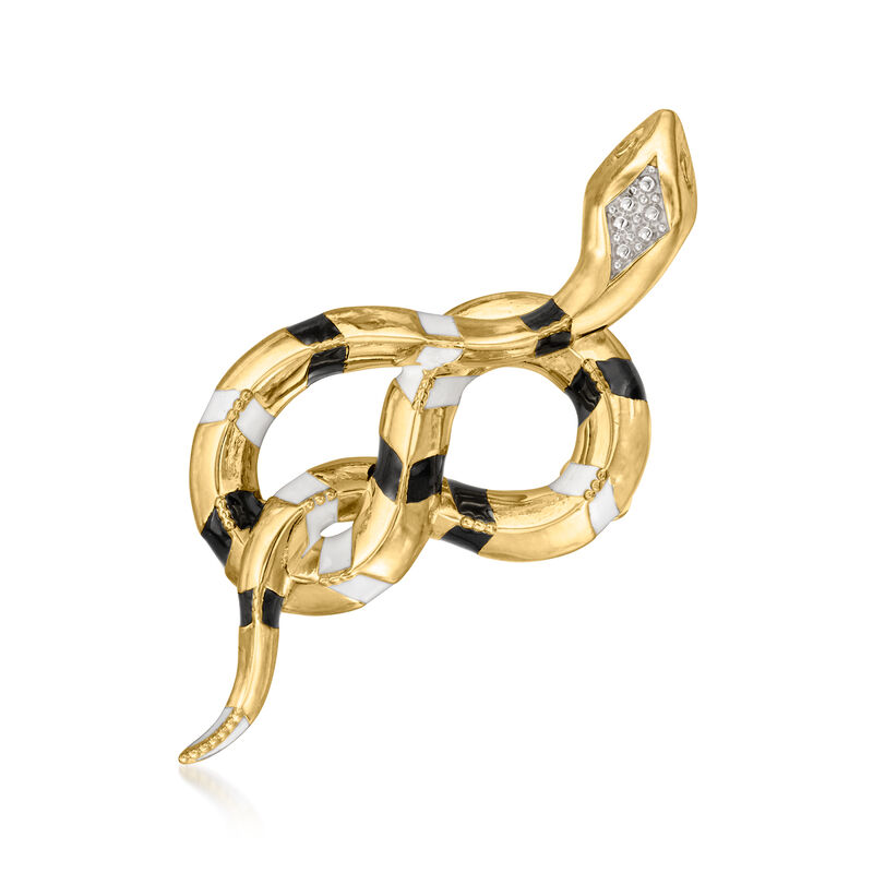 Sterling Silver and 18kt Gold Over Sterling Snake Pin/Pendant with Black and White Enamel  image number 1