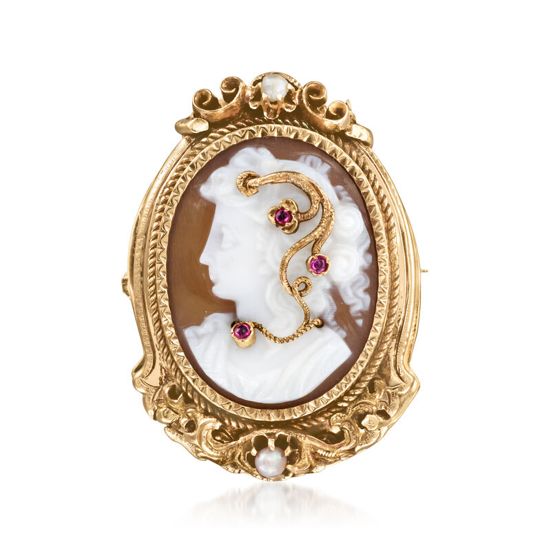 C. 1930 Vintage Brown Shell Cameo Pin/Pendant with Rubies and Seed Pearls in 14kt Yellow Gold image number 0