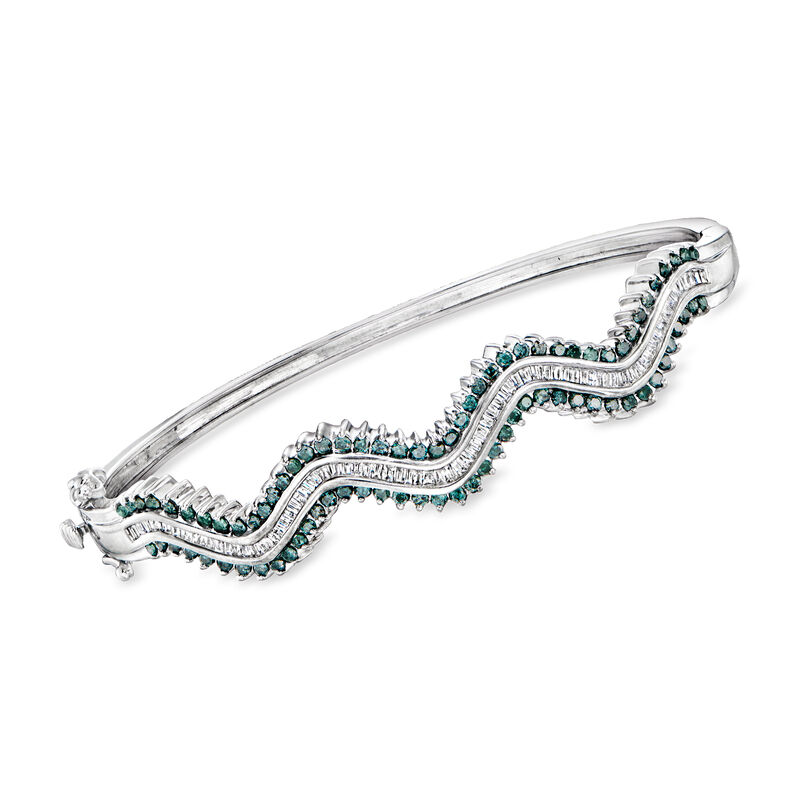 C. 1990 Vintage 2.60 ct. t.w. Blue and White Diamond Wave Bangle Bracelet in 14kt White Gold. 7.5&quot; image number 0