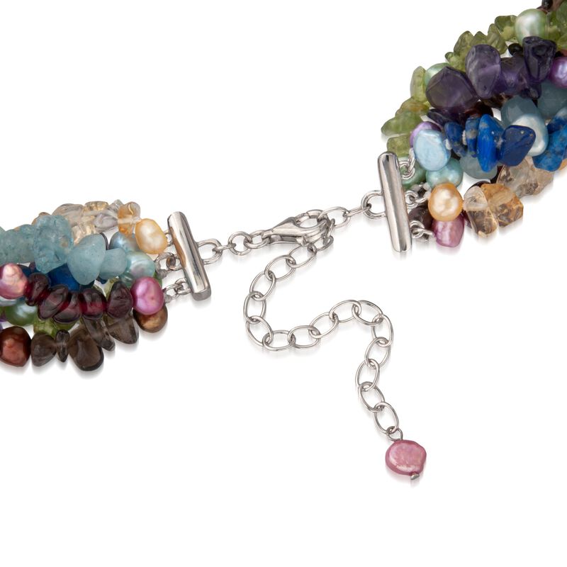 Multi-Stone and Cultured Pearl Torsade Necklace in Sterling Silver. 18&quot; image number 2