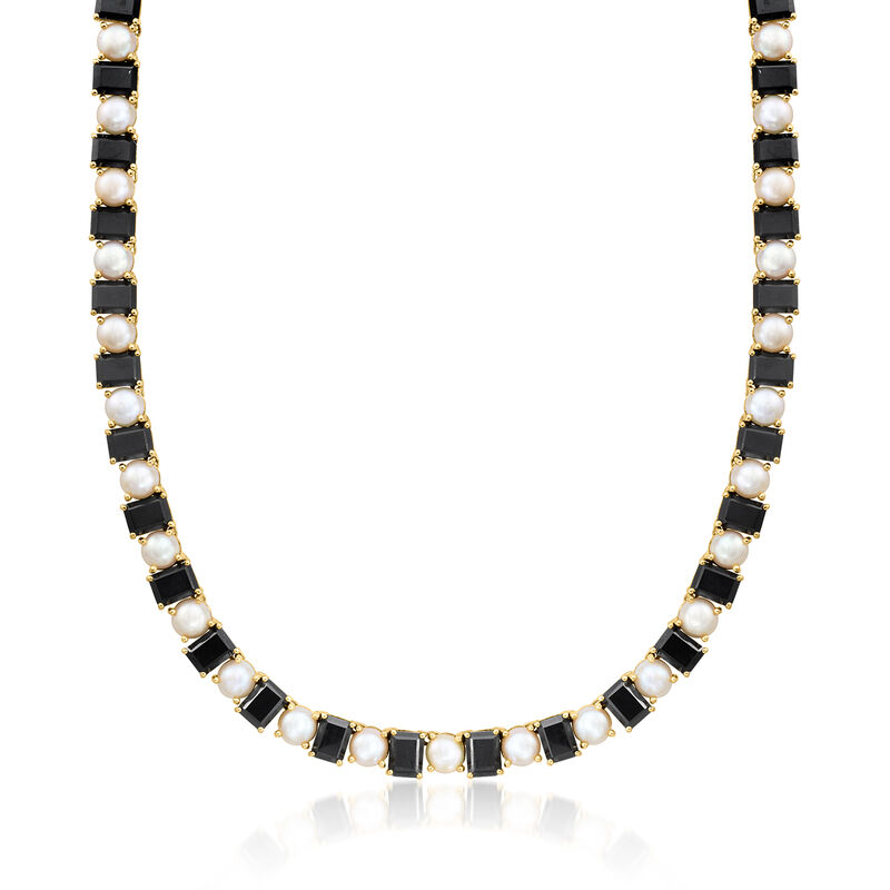 Onyx and 6.5-7mm Cultured Pearl Necklace in 18kt Gold Over Sterling. 18&quot; image number 1