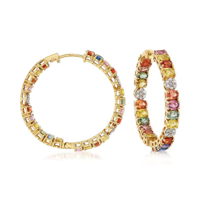 11.00 ct. t.w. Multicolored Sapphire and .44 ct. t.w. Diamond Inside-Outside Hoop Earrings in 18kt Yellow Gold. 1 1/4&quot; image number 2