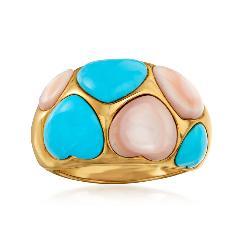 C. 1990 Vintage Mother-Of-Pearl and Turquoise Heart Ring in 14kt Yellow Gold image number 0