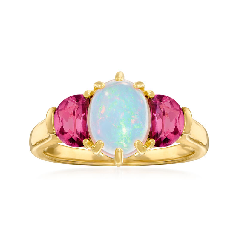 Opal and .80 ct. t.w. Pink Topaz Ring in 14kt Yellow Gold image number 0