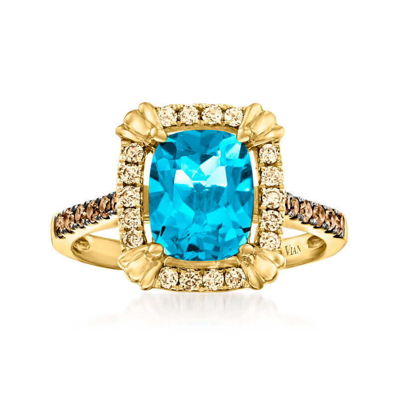 Le Vian 2.20 Carat Deep Sea Blue Topaz Ring with .40 ct. t.w. Nude and Chocolate Diamonds in 14kt Honey Gold image number 0