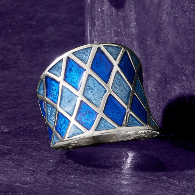 Italian Blue Enamel Harlequin Ring in Sterling Silver image number 3