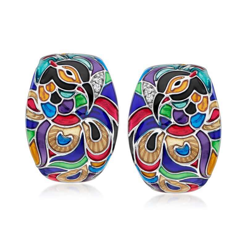 Belle Etoile &quot;Pavona&quot; Multicolored Enamel Hoop Drop Earrings with CZ Accents in Sterling Silver  image number 0