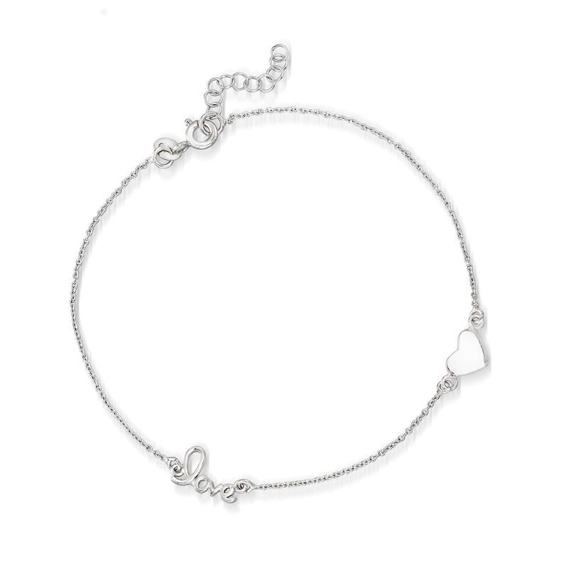 Sterling Silver Heart and &quot;Love&quot; Station Anklet. 9&quot; image number 0