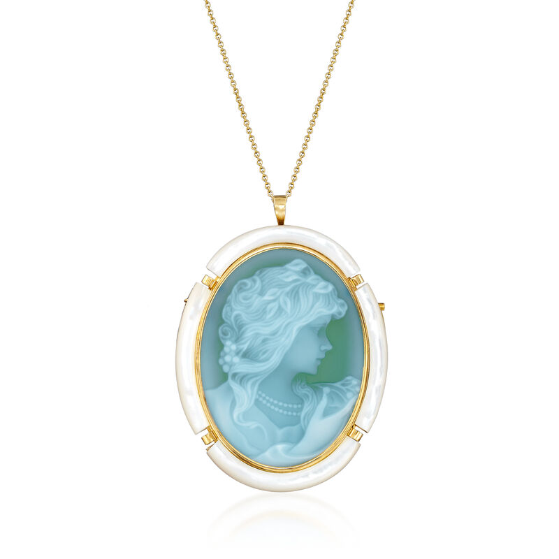 C. 1980 Vintage Mother-Of-Pearl and Green Glass Cameo Pin/Pendant in 18kt Yellow Gold image number 0