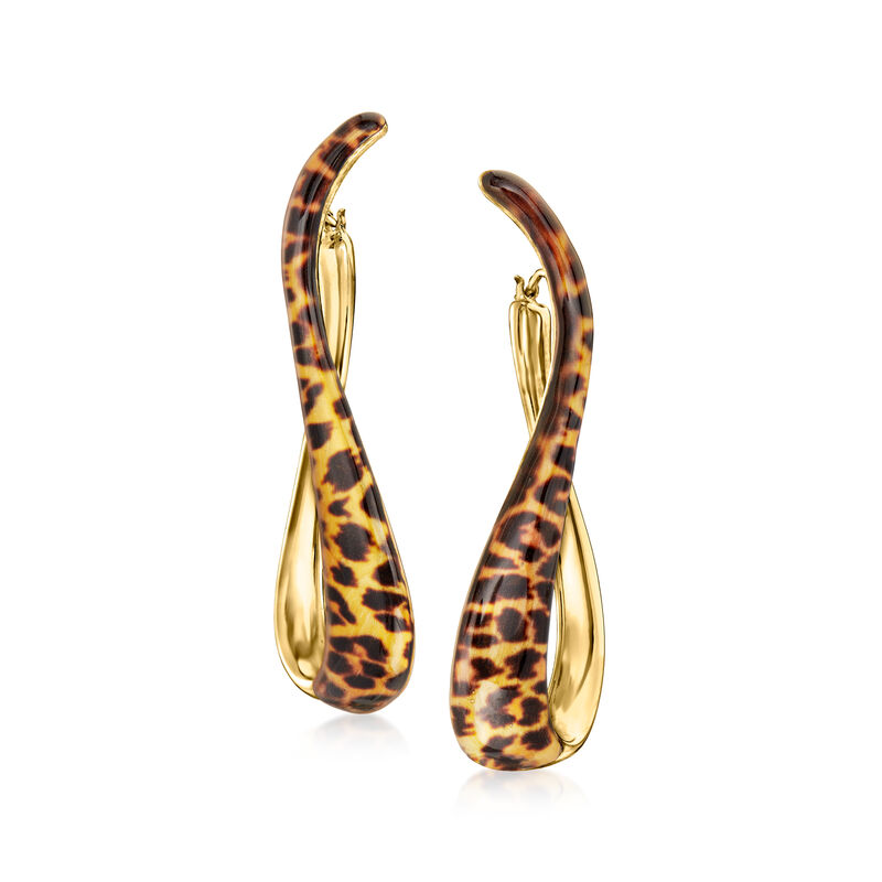 Italian Leopard-Print Enamel Twisted Hoop Earrings in 18kt Gold Over Sterling. 2&quot; image number 2
