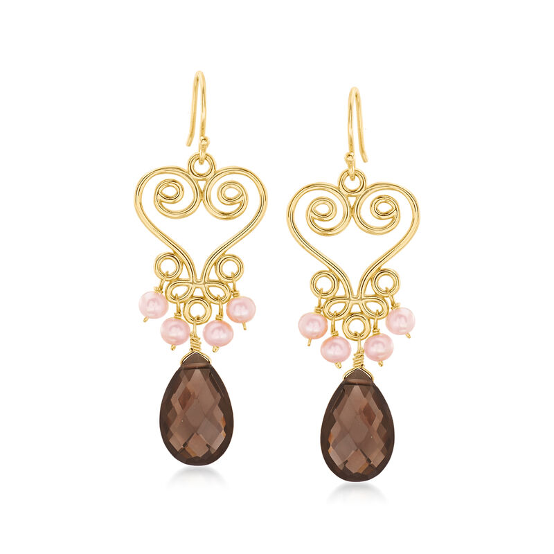 3-4mm Pink Cultured Pearl and 10.00 Smoky Quartz Drop Earrings in 18kt Gold Over Sterling image number 0
