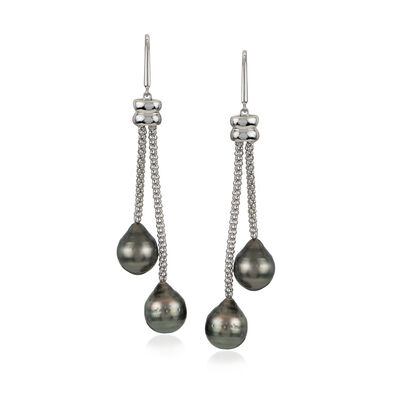 8-9mm Black Cultured Tahitian Drop Earrings in Sterling Silver