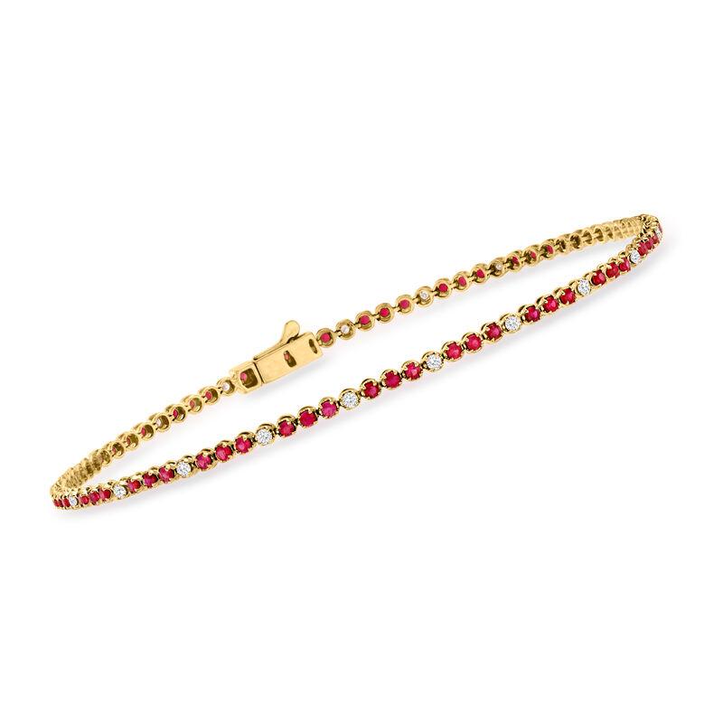 1.00 ct. t.w. Ruby and .26 ct. t.w. Diamond Tennis Bracelet in 14kt Yellow Gold. 7&quot; image number 0
