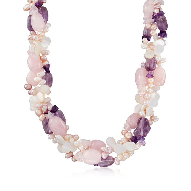 8mm Cultured Pearl and 330.00 ct. t.w. Rose Quartz Torsade Necklace with 145.00 ct. t.w. Amethysts in Sterling Silver. 18&quot; image number 1