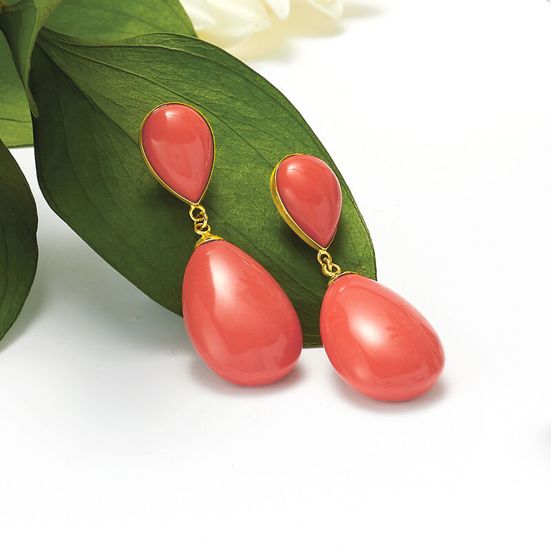 Simulated Coral Drop Earrings in 14kt Yellow Gold image number 2