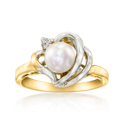 C. 1990 Vintage 6mm Cultured Pearl Heart Ring with Single Diamond in 14kt Two-Tone Gold