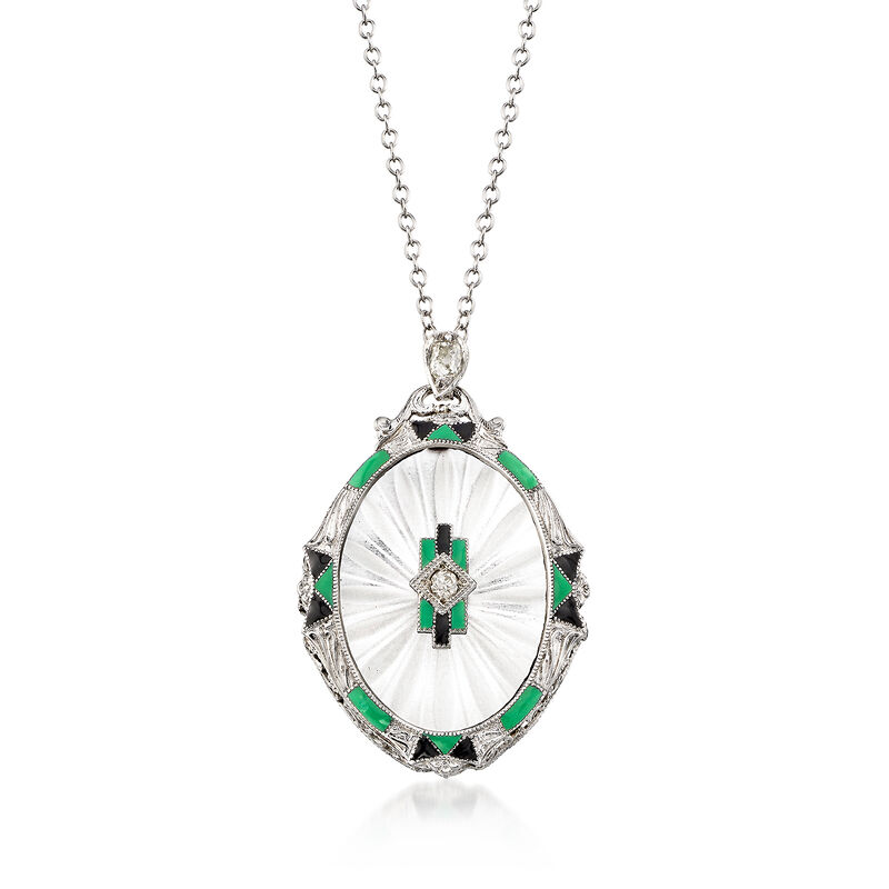 C. 1950 Vintage Rock Crystal and .12 ct. t.w. Diamond Pendant Necklace in 14kt White Gold. 16.25&quot; image number 1