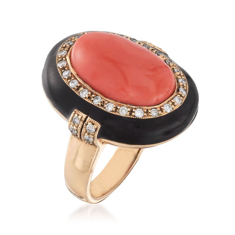 C. 1970 Vintage Pink Coral and .45 ct. t.w. Diamond Ring with Black Enamel in 14kt Gold. Size 6.75 image number 2