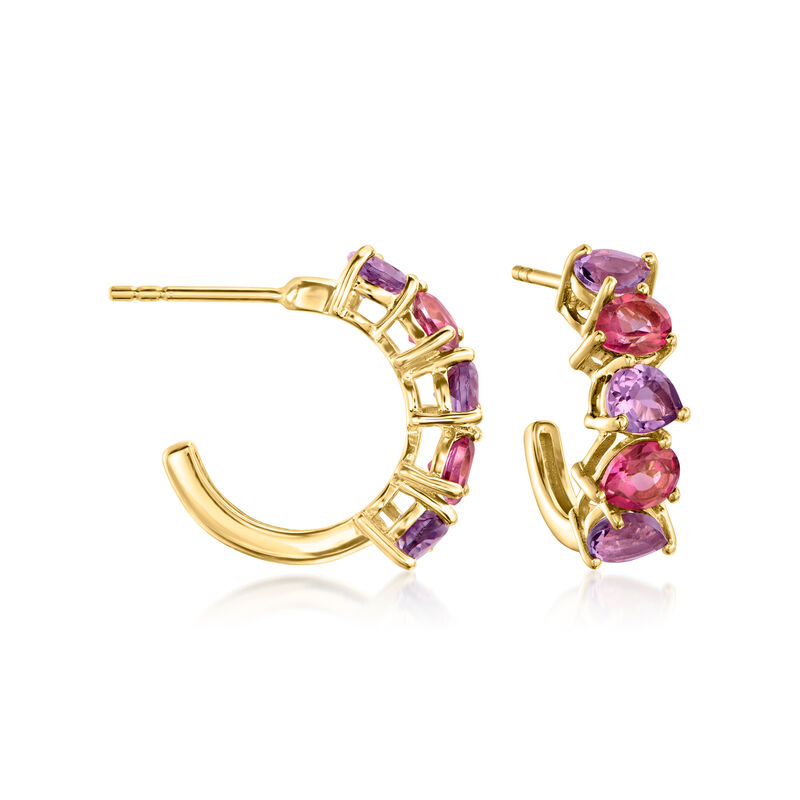 1.80 ct. t.w. Amethyst and 1.50 ct. t.w. Pink Topaz C-Hoop Earrings in 18kt Gold Over Sterling. 3/4&quot; image number 0