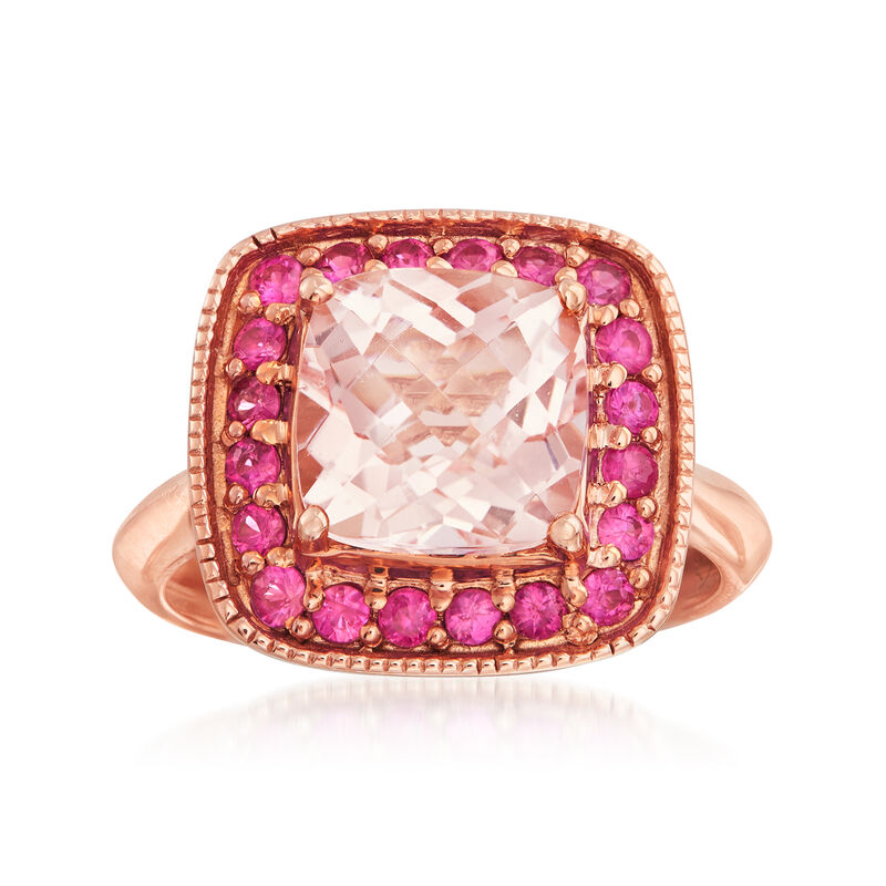 C. 2000 Vintage 1.70 Carat Morganite and .70 ct. t.w. Ruby Ring in 14kt Rose Gold. Size 5 image number 0