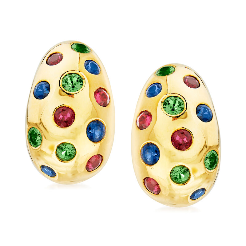 C. 1990 Vintage Jean Viteau 3.40 ct. t.w. Multi-Gemstone Clip-On Hoop Earrings in 18kt Yellow Gold. 3/4&quot; image number 0