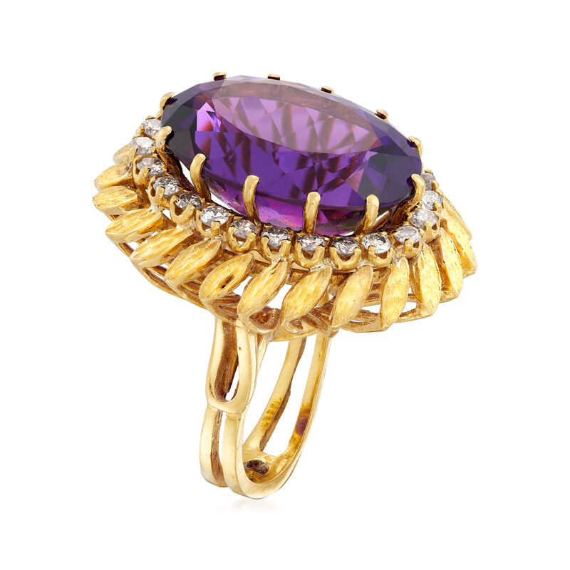 C. 1970 Vintage 26.50 Carat Amethyst and 1.20 ct. t.w. Diamond Leaf Ring in 18kt Yellow Gold image number 2