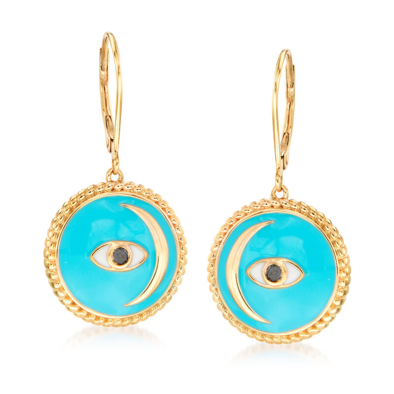 Black and Blue Enamel Evil Eye and Moon Drop Earrings in 18kt Gold Over Sterling image number 0