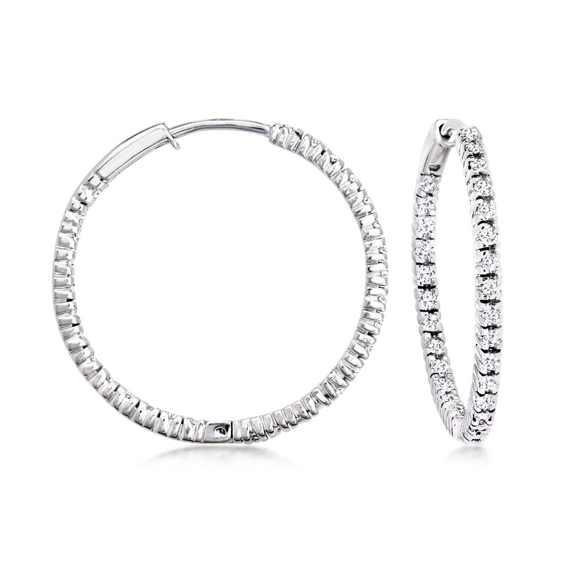 C. 2000 Vintage .52 ct. t.w. Diamond Inside-Outside Hoop Earrings in 14kt White Gold. 1 1/16" image number 0