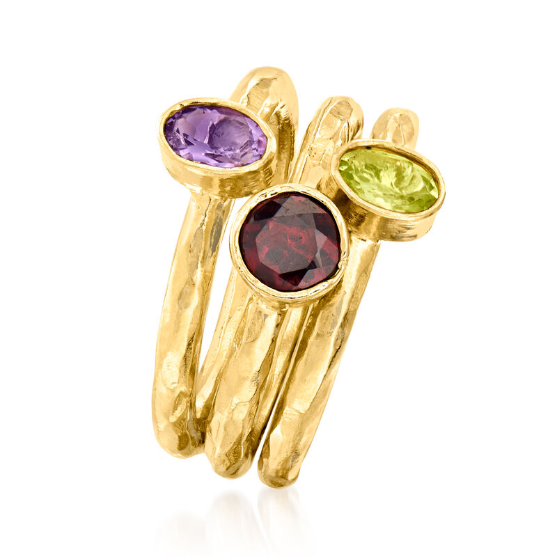 2.30 ct. t.w. Amethyst, Garnet and Peridot Jewelry Set: Three Rings in 18kt Gold Over Sterling image number 2