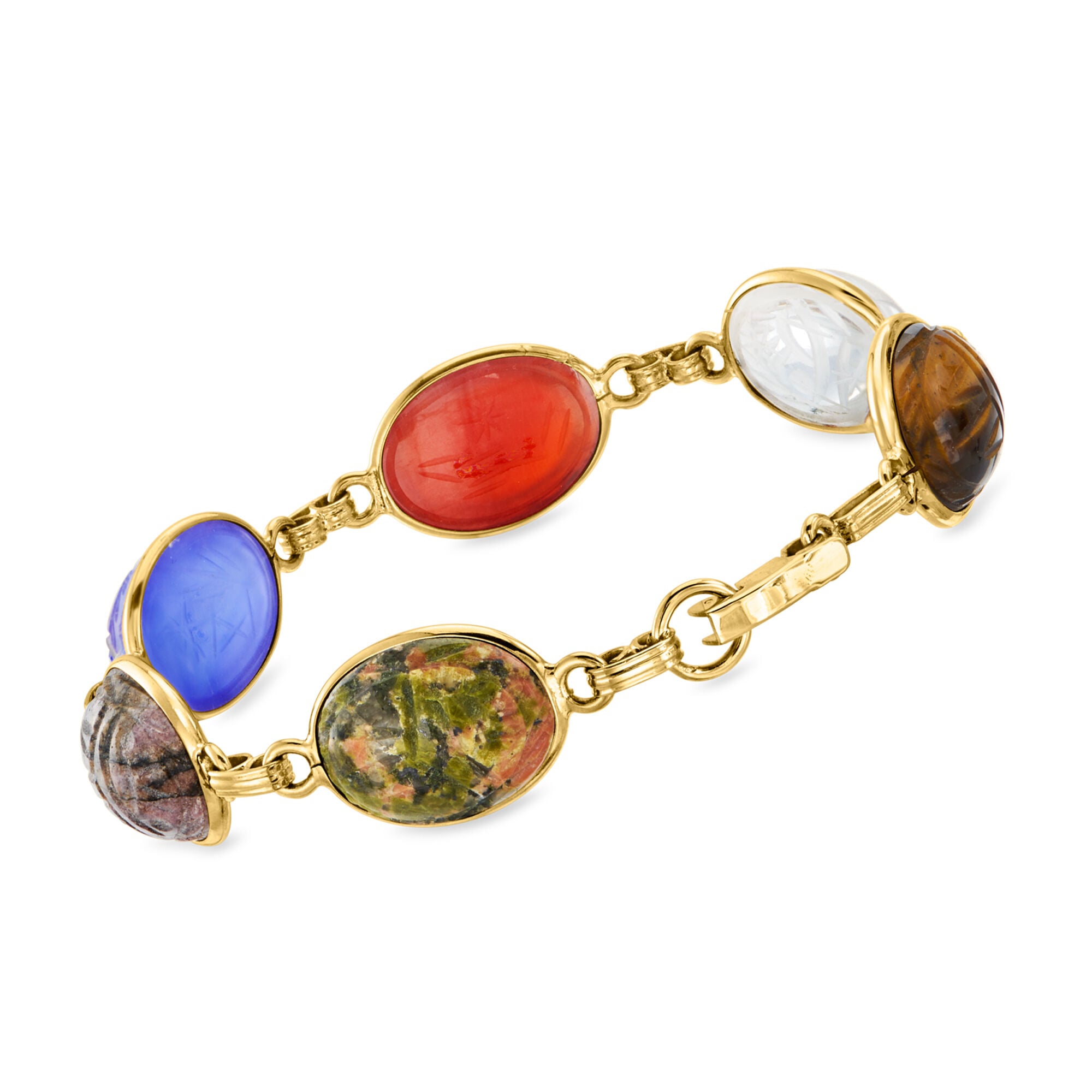 C. 1980 Vintage Multi-Gemstone Scarab Bracelet in 14kt Yellow Gold