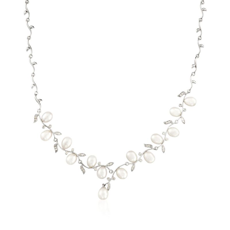 6.5-7mm Cultured Pearl and .40 ct. t.w. CZ Vine Necklace in Sterling Silver image number 0