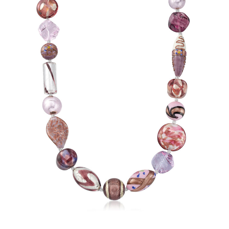 Italian Pink and Purple Murano Glass Bead Necklace with Sterling Silver. 18&quot; image number 0