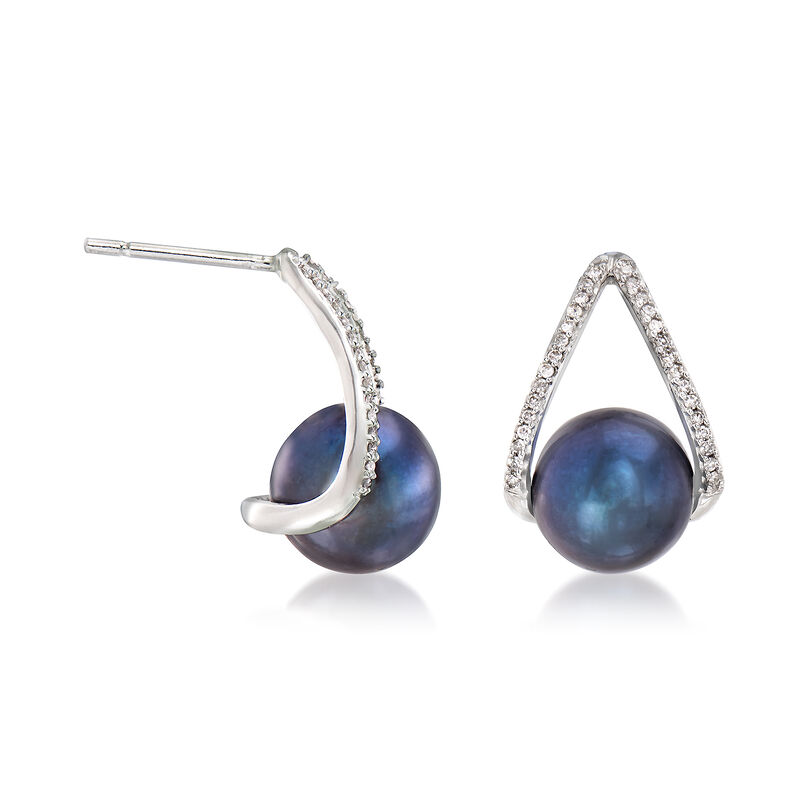 8-8.5mm Black Cultured Pearl and .12 ct. t.w. Diamond Drop Earrings in 14kt White Gold image number 2