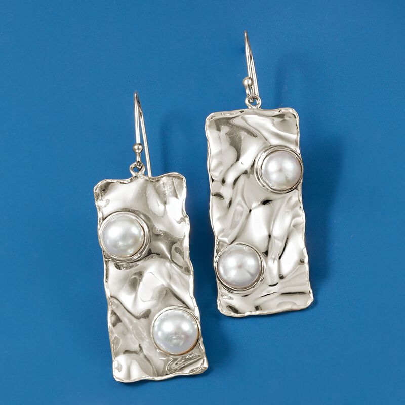 6-8mm Cultured Pearl Hammered Drop Earrings in Sterling Silver image number 2
