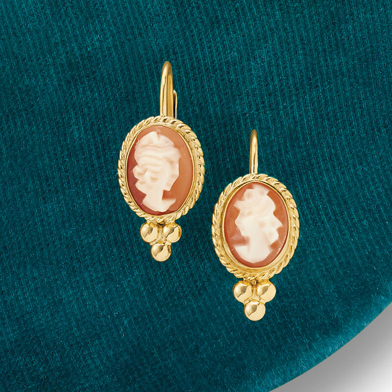 Bezel-Set Shell Cameo Drop Earrings in 14kt Yellow Gold  image number 4