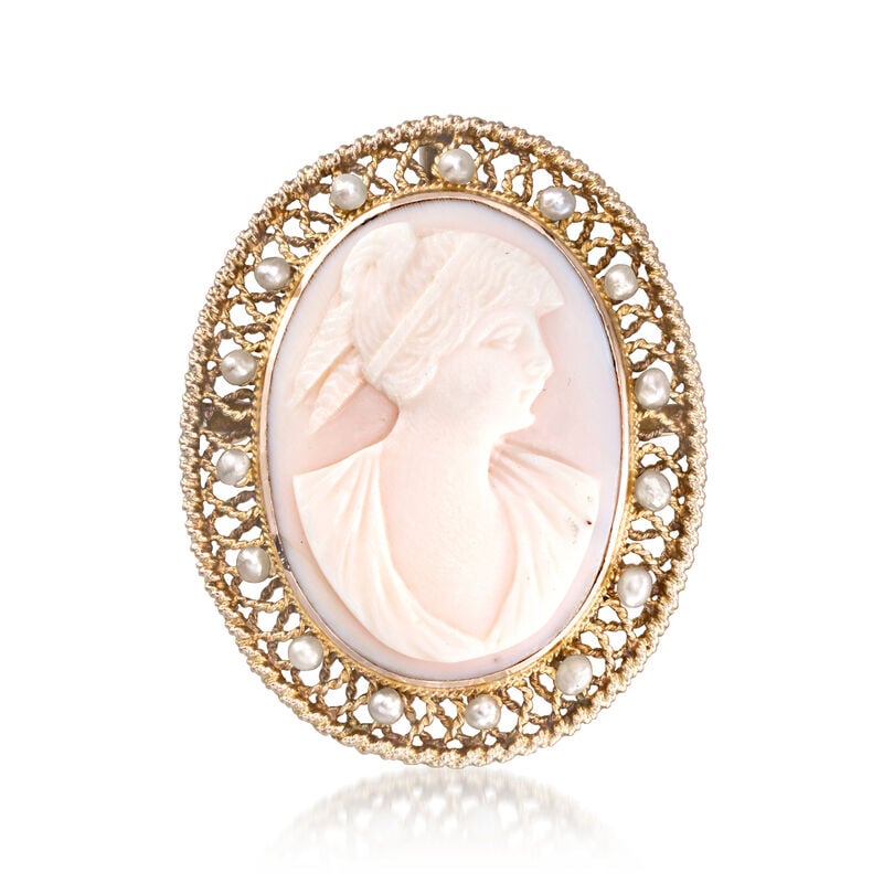 C. 1950 Vintage Pink Shell Cameo Pin/Pendant with Cultured Pearls in 14kt Yellow Gold image number 3